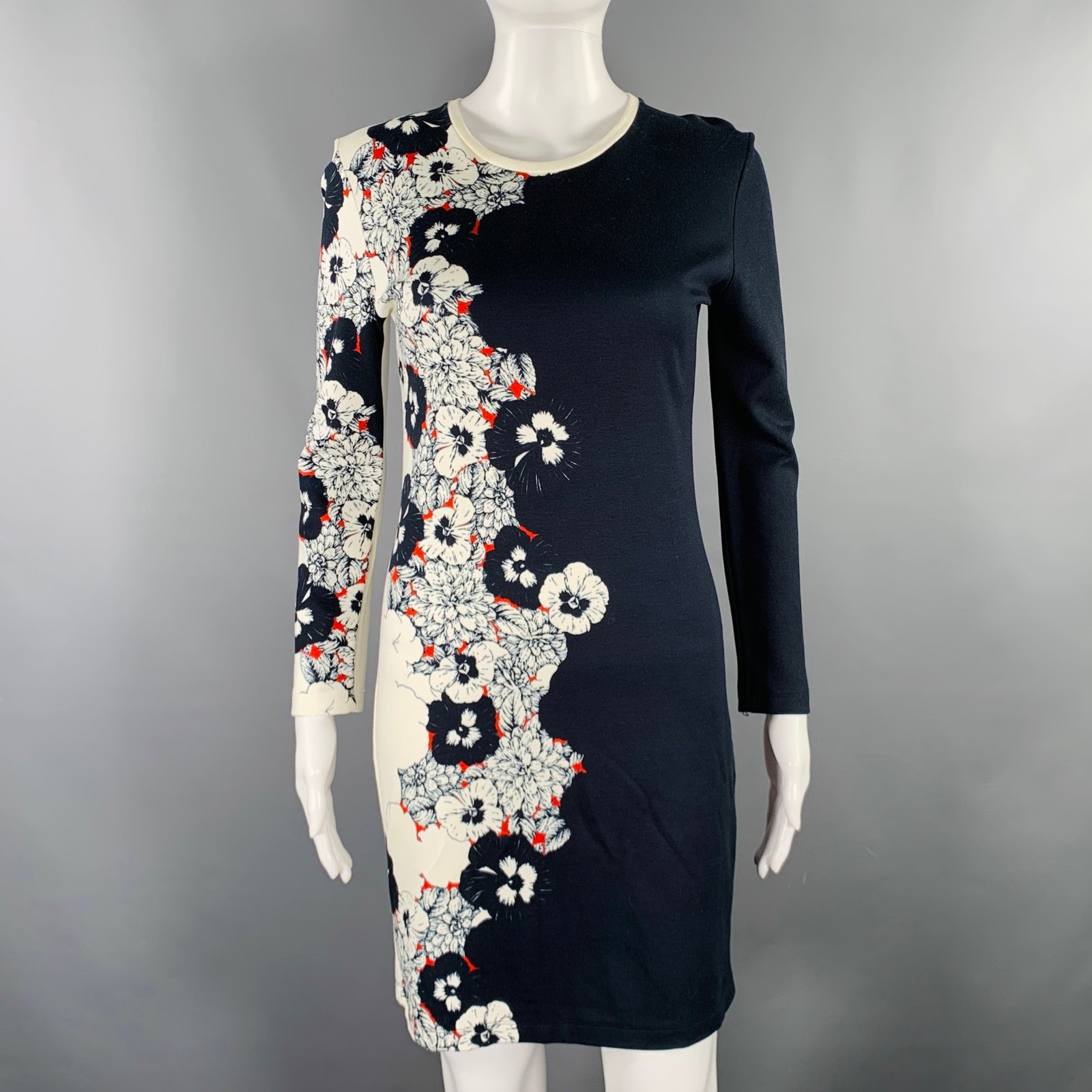 Prabal Gurung Size S Navy Cream Floral Sheath Cocktail Dress